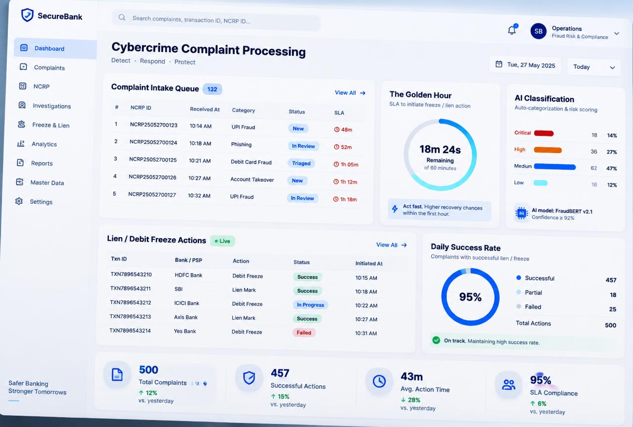 Cybercrime complaint dashboard with an NCRP intake queue, a Golden Hour countdown, AI severity classification, lien and debit freeze actions and a daily success rate