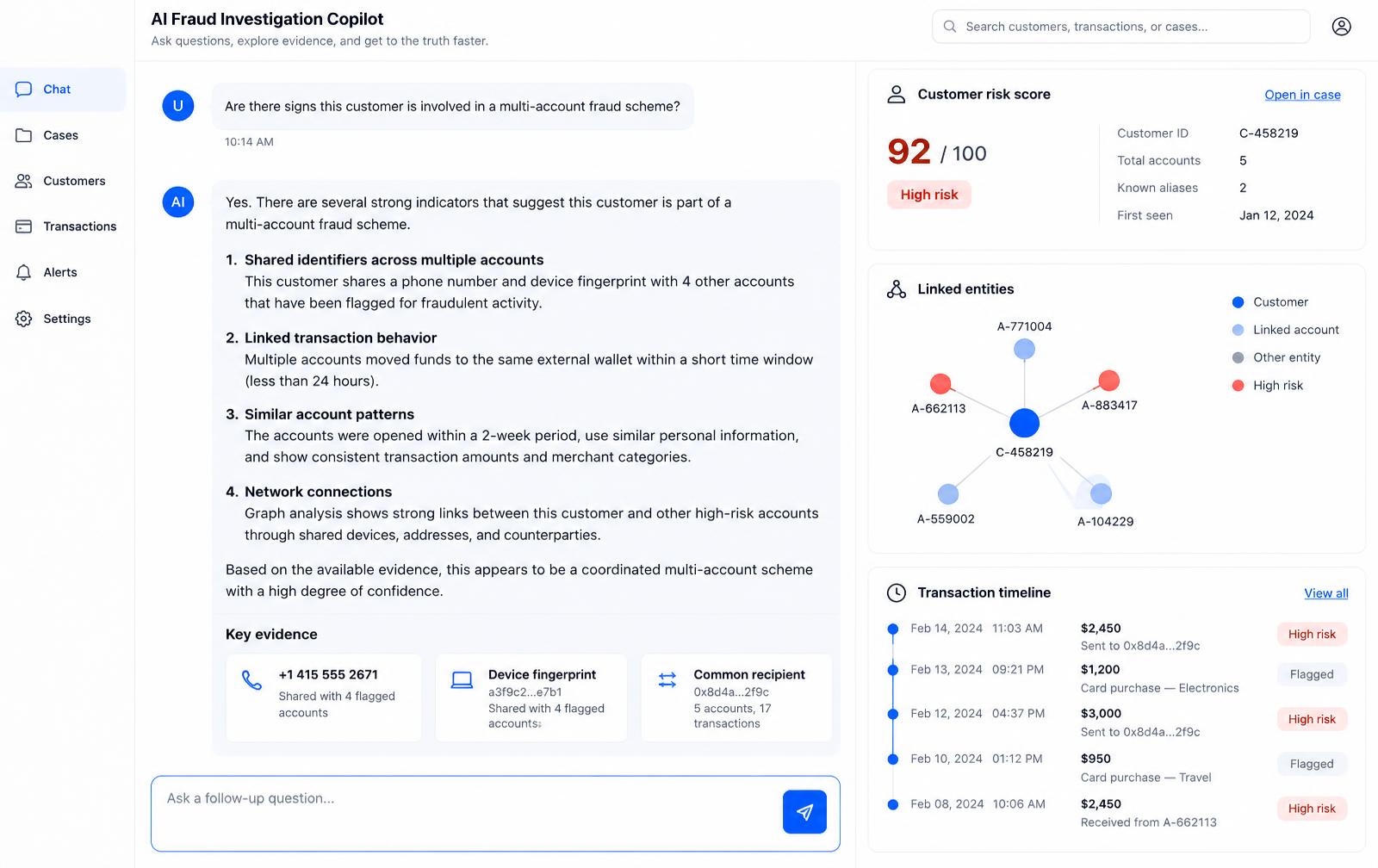 Clari5 Genie coordinating AI agents across a financial crime investigation, with risk score, linked entities and evidence timeline