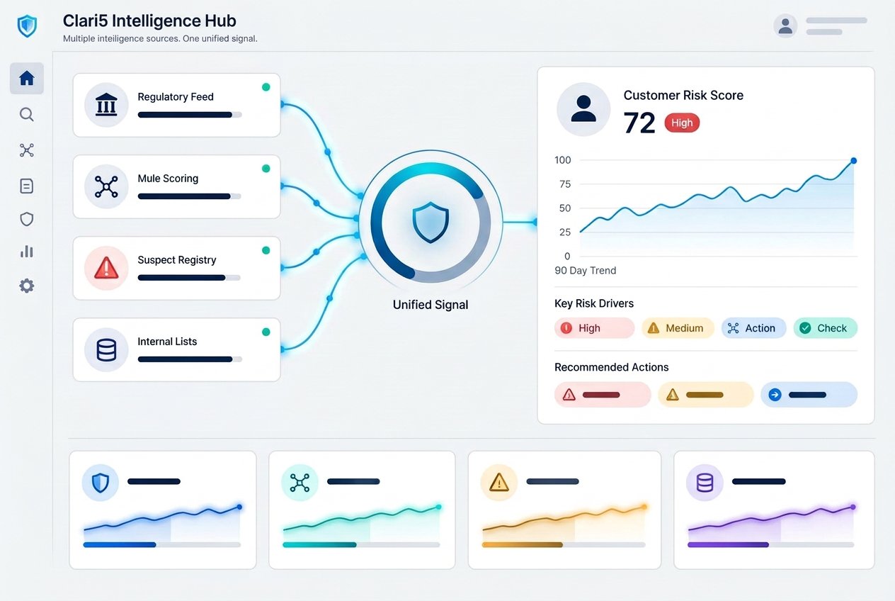 Clari5 Intelligence Hub fusing regulatory feed, mule scoring, suspect registry and internal lists into one unified signal with a 90-day customer risk trend